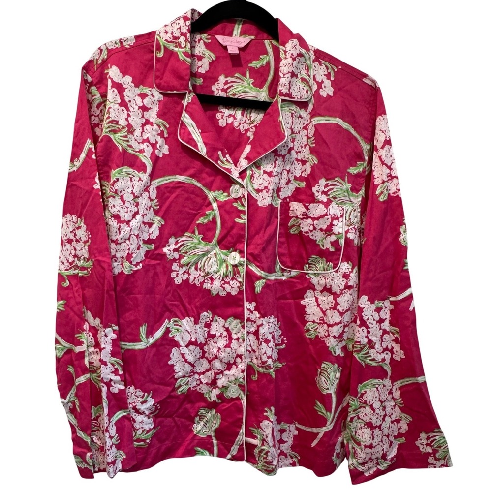 Lilly Pulitzer Lace By The Docks Cotton Pajama Top Pink Floral Long Sleeve L NEW
